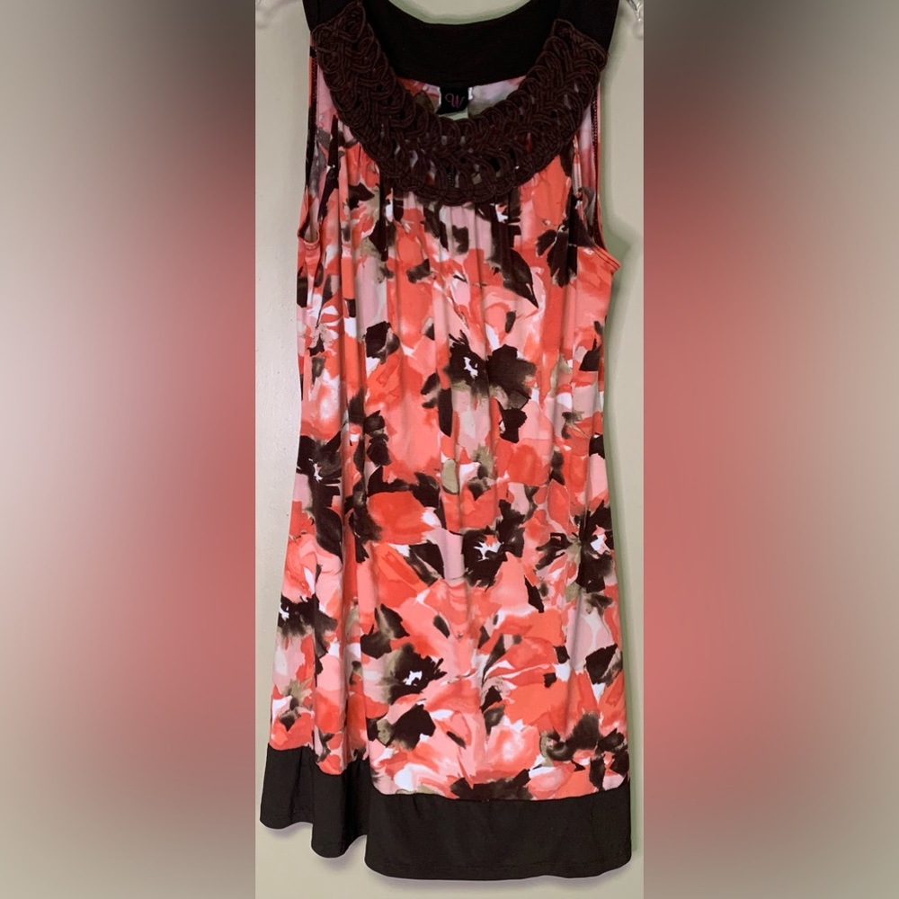 Vintage Wrapper Brand size large Mini Dress shades of pink brown crochet detail